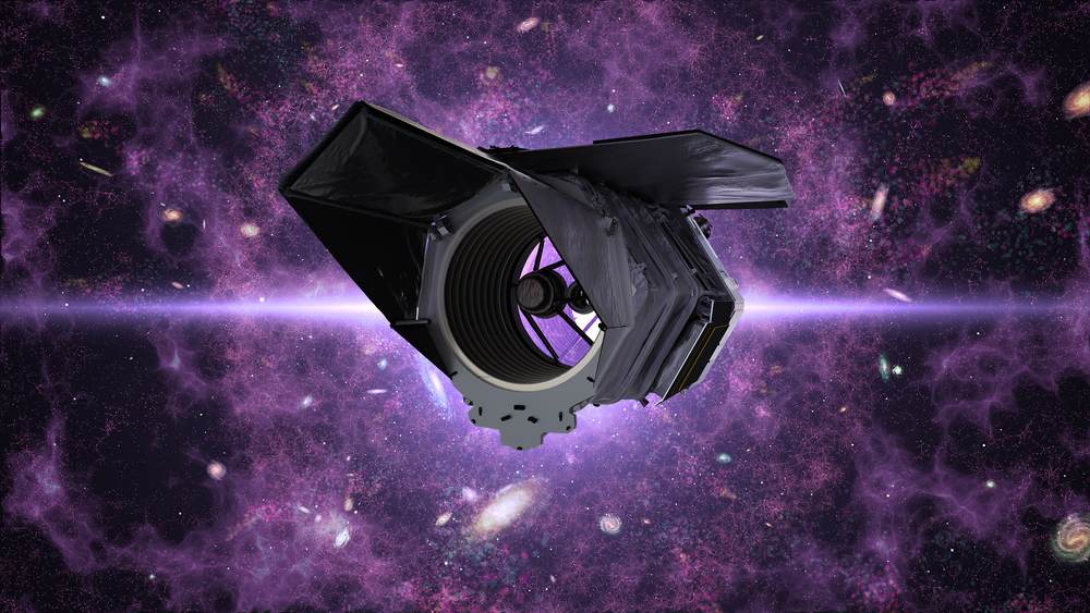 Artist's rendering of the Nancy Grace Roman Space Telescope against a field of distant galaxies